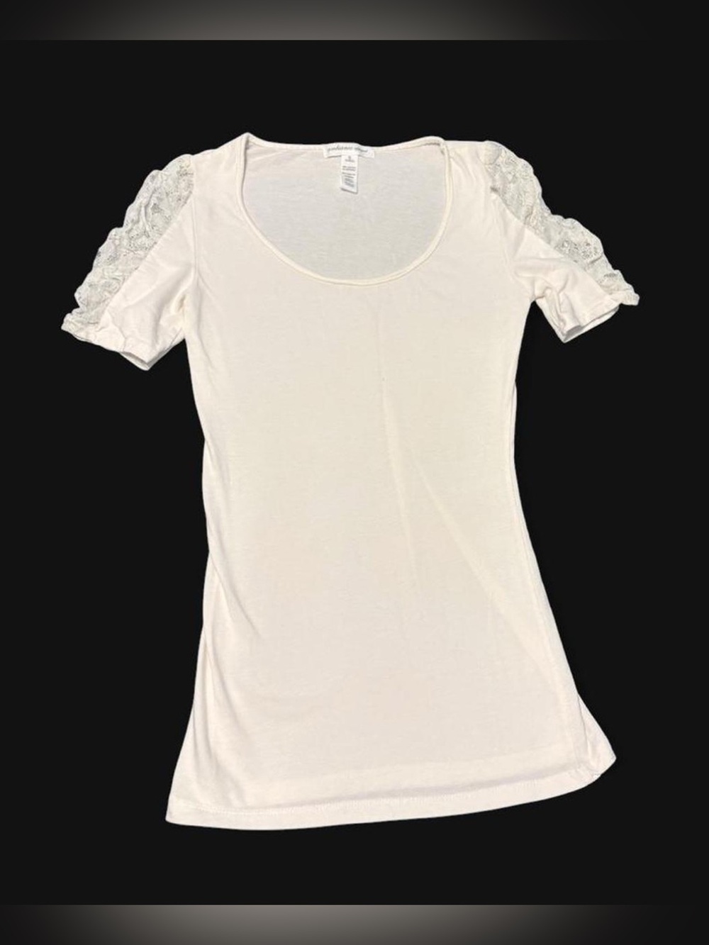 Ambiance White Scoop Neck Tee with Lace Sleeve Detail Size S
